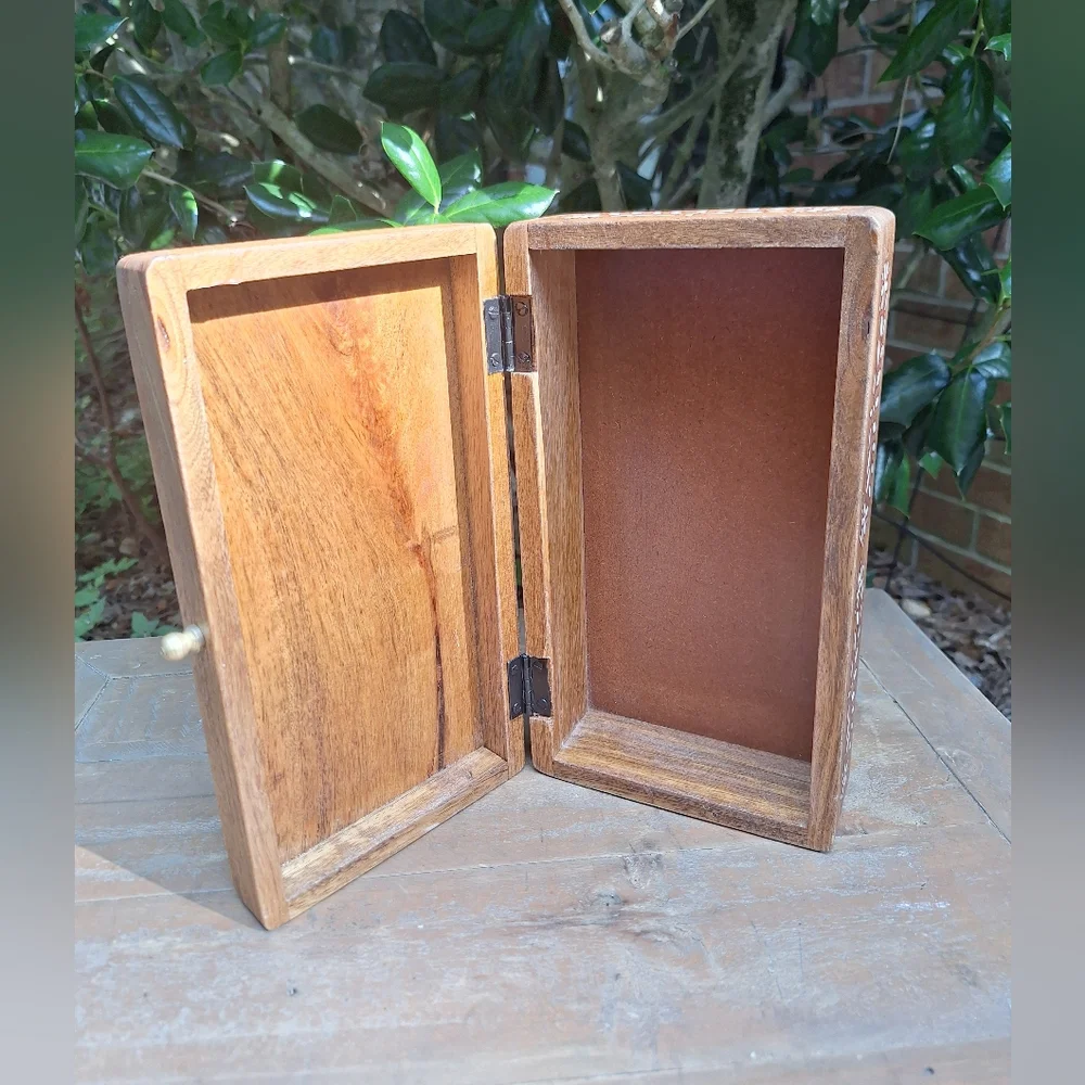 Wooden Box with Hinged Lid Jewelry  Trinket Box Rectangle Table Top Gold Handle